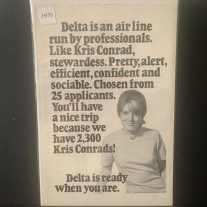 Vintage 1970 Delta Kris Conrad Stewardess Ad Advertisement